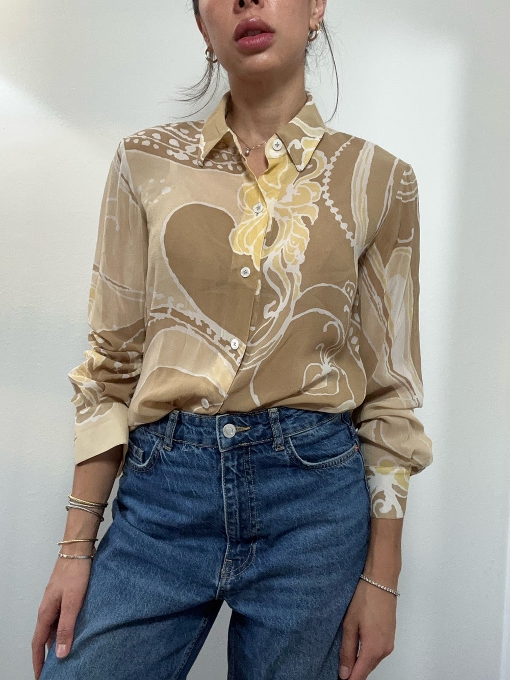 Silky Beige & Cream Printed Button-Up Blouse